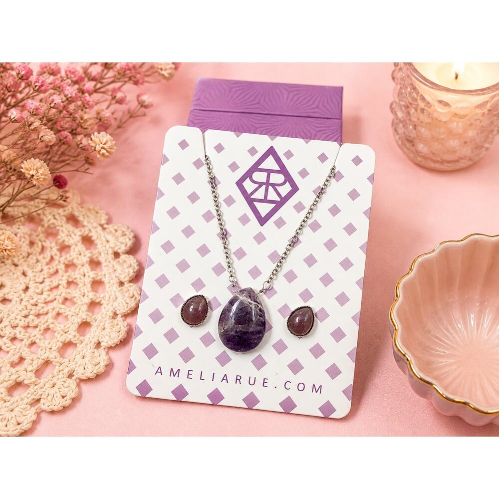 Amelia Rue Purple Stone Necklace & Matching Earrings Jewelry Set Silver Tone